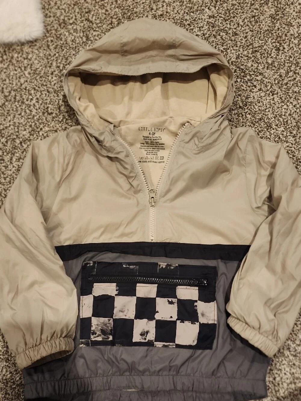 Little Bipsy Beige & Gray Kids Hooded Anorak with Checkered Pocket